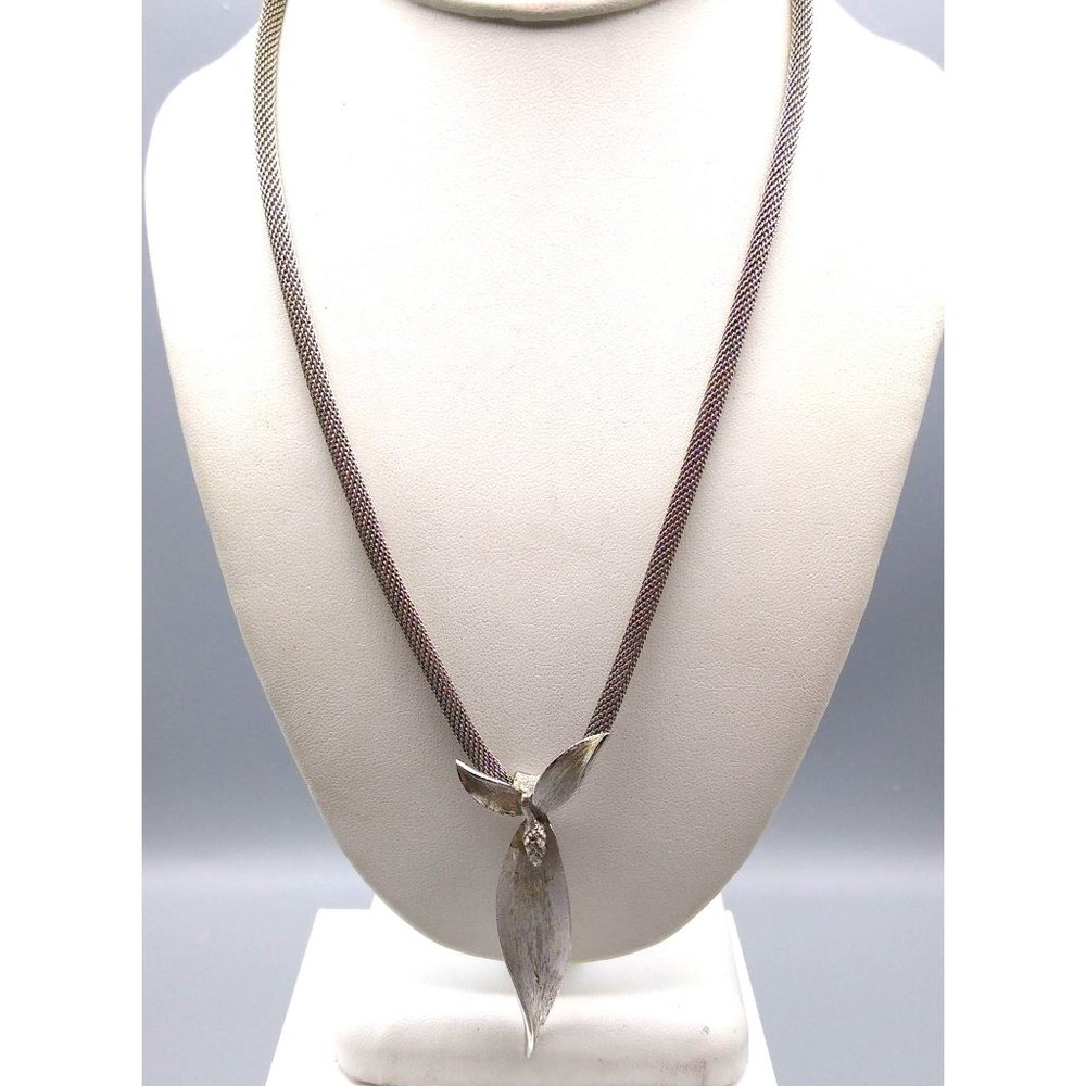 Vintage Judy Lee Mesh Chain Necklace with Brushed Silver Tone Mod Pendant